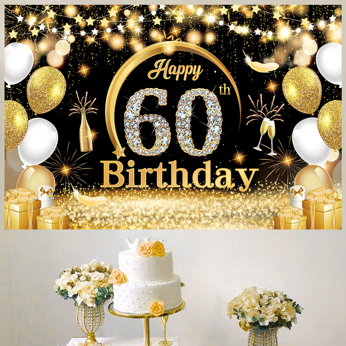 Decoración de de cumpleaños para hombre, camino de mesa, Pancarta, cortina de puerta, 60, 60 años
