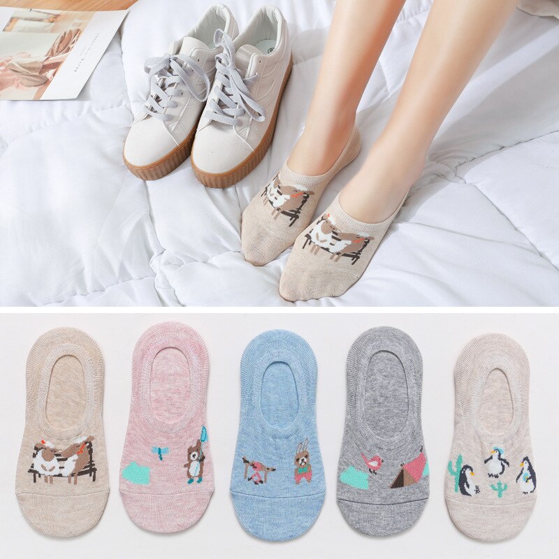 5 pares de pantuflas con medias de algodón para mujer, calcetines cortos invisibles antideslizantes de verano para mujer, calcetines de dibujos animados de animales estampados, divertidos calcetines bonitos: Animal collection