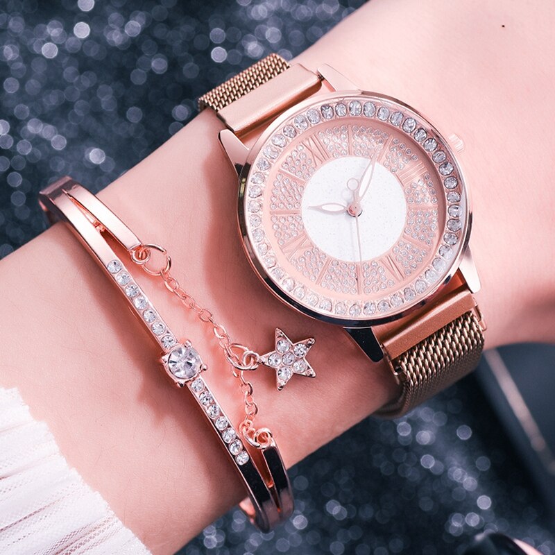 Dames leren sporthorloges quartzhorloges dames polshorloge dameshorloge met strass en armband: Magneet rozenset