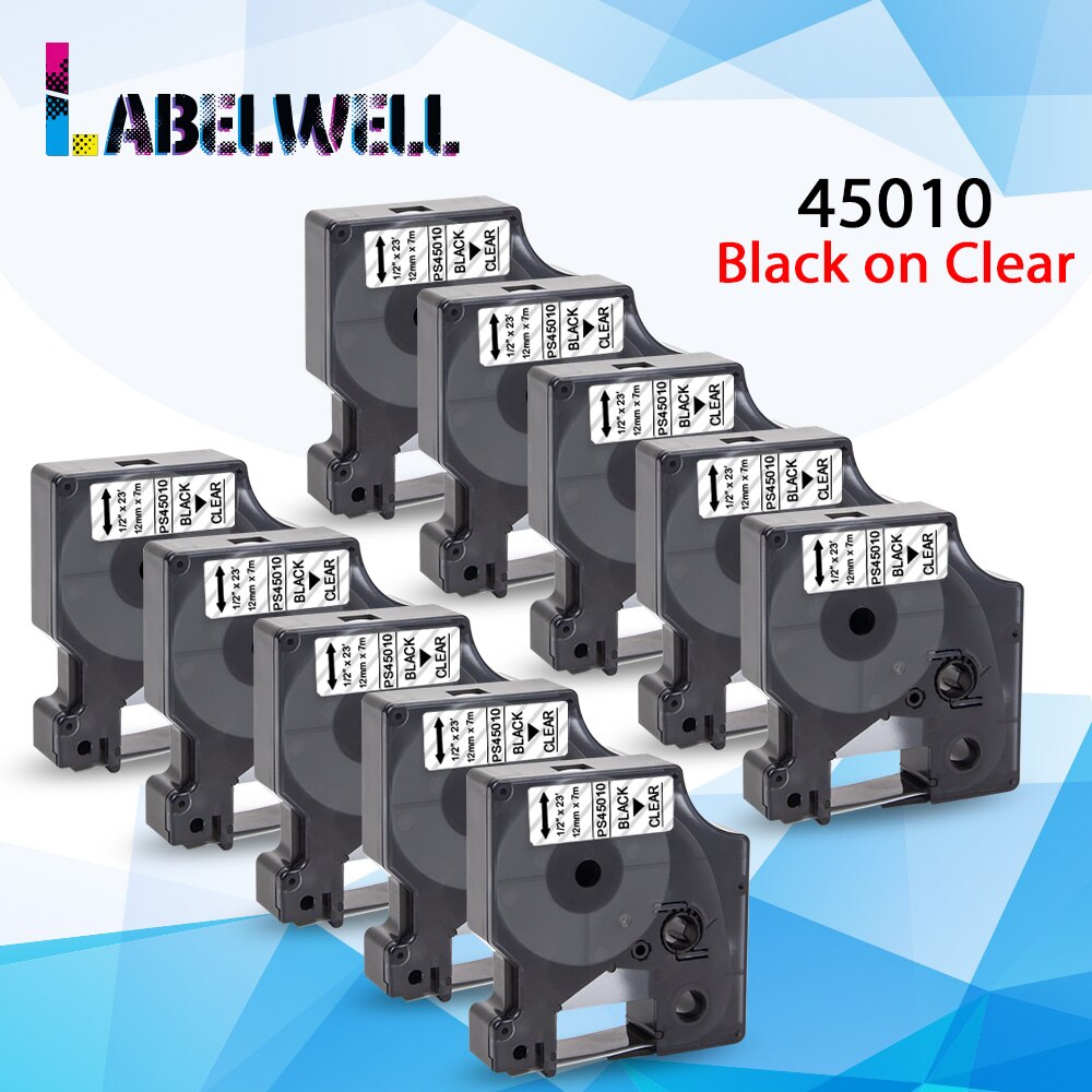 10PK 12mm 45013 Black on White For Dymo D1 45013 Label tapes Compatible for Dymo Label Manager 160 280 210 450 LM160 Label Maker: 10PK Black on Clear