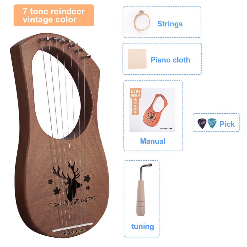 Mahogni 7 strenget lyre harpe børneunderholdning letvægts med stemmeværktøj engelsk manual: Retro