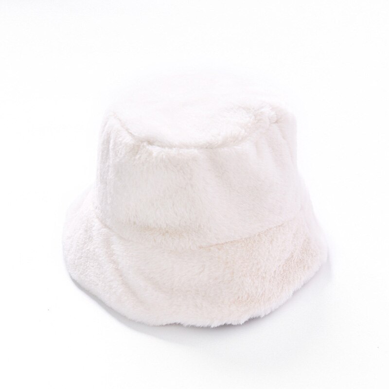 Fuskepels vinter bøtte lue for kvinner jente solid fortykket myk varm fiskelue utendørs dame plysj fluffy panama caps: Hvit