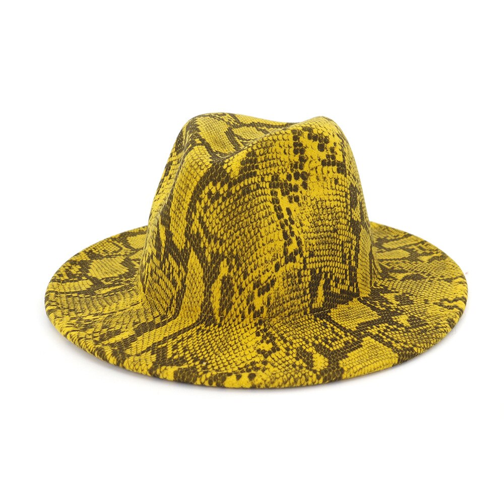 FS Vintage Snake Print Men Wide Brim Gray Brown Hat Felt Fedora Church Hats For Women Panama Sombrero Cap: Yellow Fedora Hat