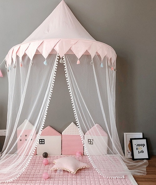 Barn tipi telt barn leke hus slott bomull sammenleggbart telt himmelseng gardin barneseng garn jenter gutt rom dekorasjon