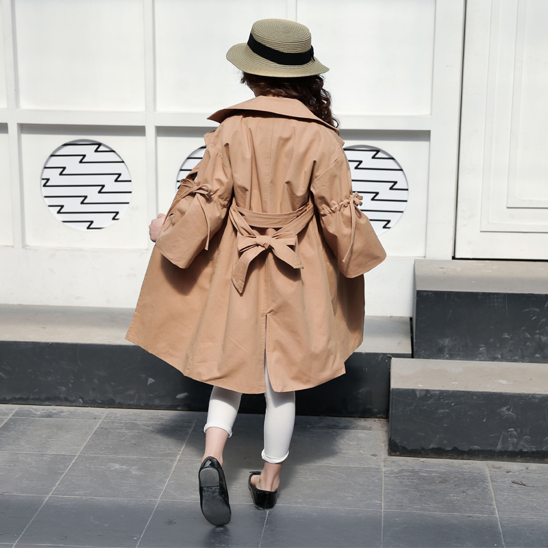 4-14y Girls coat autumn overcoats flare sleeve children's clothing jackets pockets medium-long kids outerwear