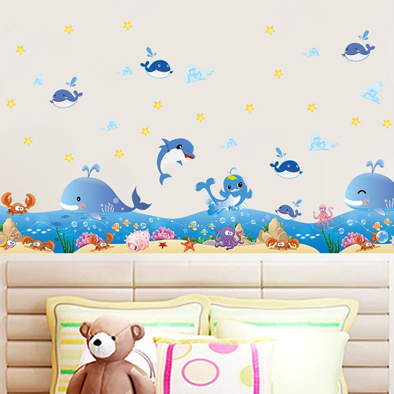 DIY Cartoon Blue Ocean Dolphin Marine Border Stickers Room Baseboard Kids Bedroom Waterproof Bathroom Tub Decoration Decals