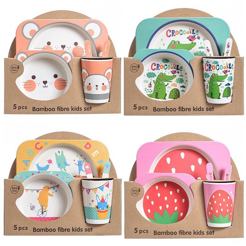 Bamboo Fiber Children&#39;s Tableware Set Baby Cartoon Rice Bowl Fork Spoon Children&#39;s Meal Partitioned Baby Dinner Plate