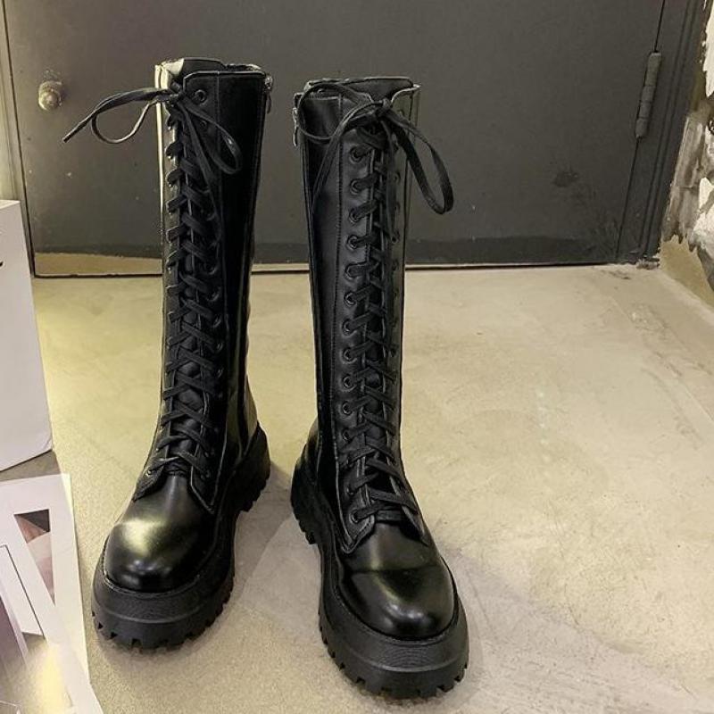 Plate-forme trapue en cuir Pu genou bottes hautes femmes Punk augmentant longue femme à lacets chaussons Mujer fermeture éclair Chelsea