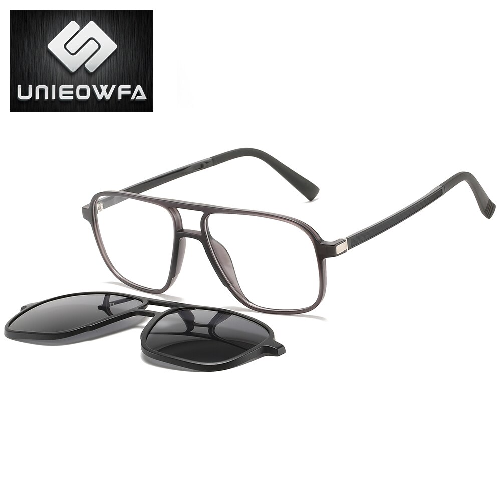Optical Magnetic Clip on Glasses Frame Men Clear Prescription Myopia Eyeglasses Frame Polarized Magnet Clip Sunglasses Men Brand: 1910 Gray 1 in1