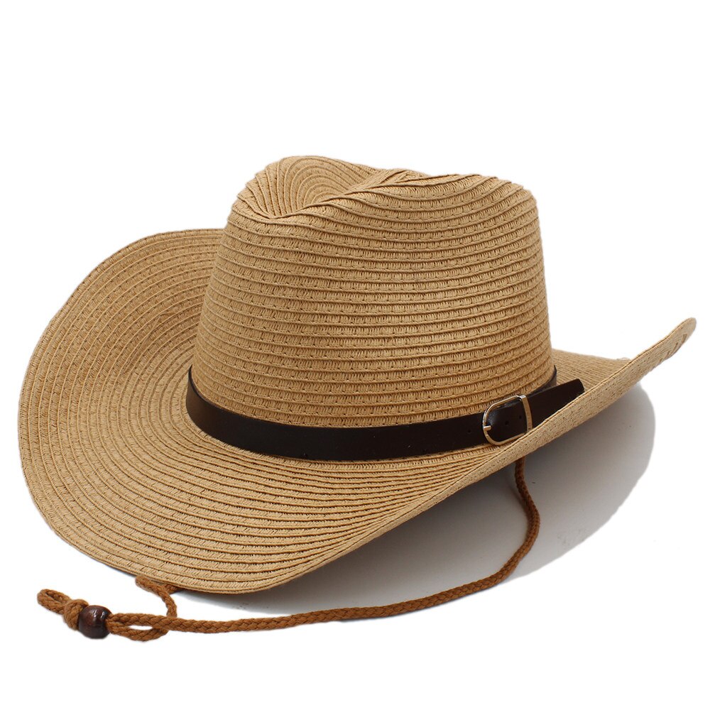 Sombrero de cowboy del oeste con cuerda resistente al viento para señora Caballero Playa Sol Sombrero de vaquera tamaño 58CM A0116-XSJ: Light Coffee