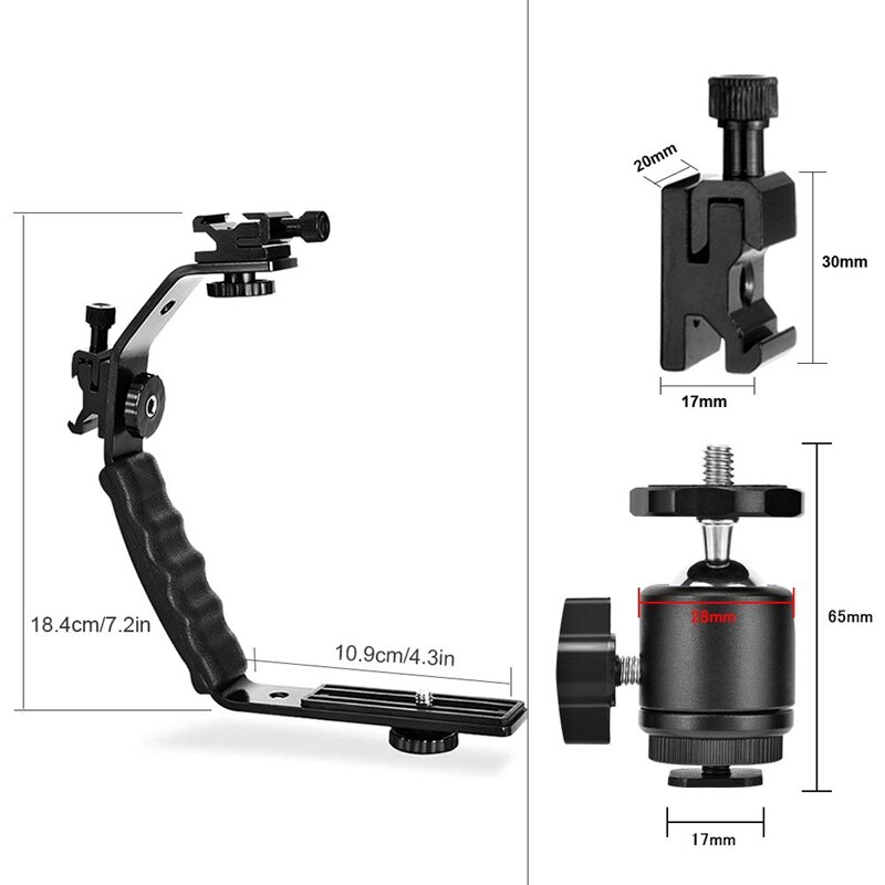 Gepolsterter l-winkel-handhalter, robuster l-winkel-adapter mit kugelkopf und doppeltem blitzschuh für dslr-kameras