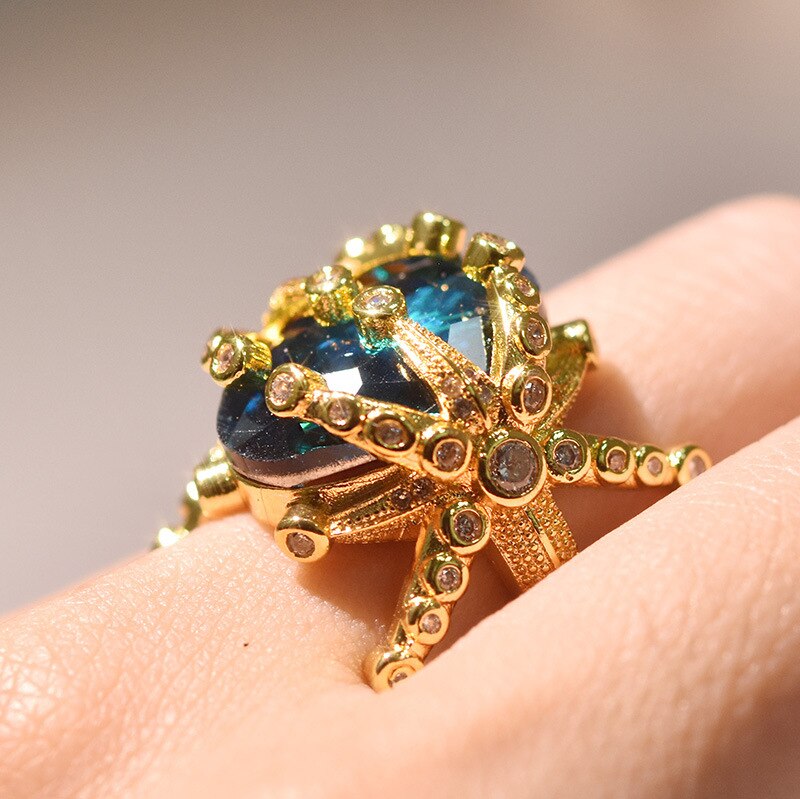 14k Yellow Gold Sapphire Diamond Ring for Women Peacock Blue Topaz Stone Dainty Jewelry Bizuteria Anillos Wedding Ring Gemstone