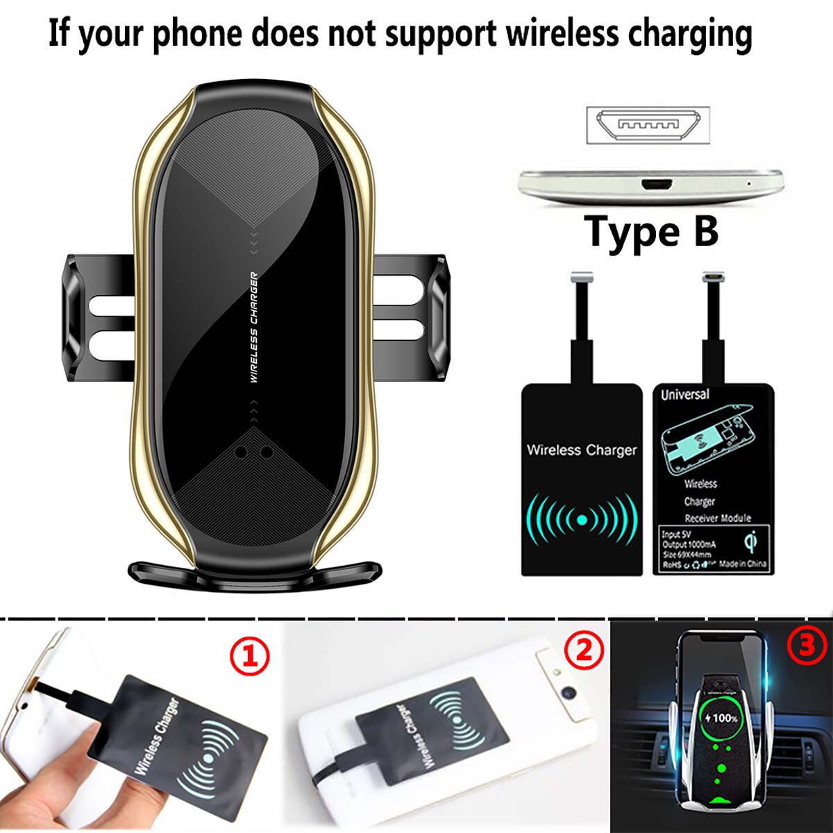 Wireless Charger Car Mount for Air Vent Mount Car Phone Holder Intelligent Infrared Fast Wireless Charging Charger For iPhone 11: For Android B