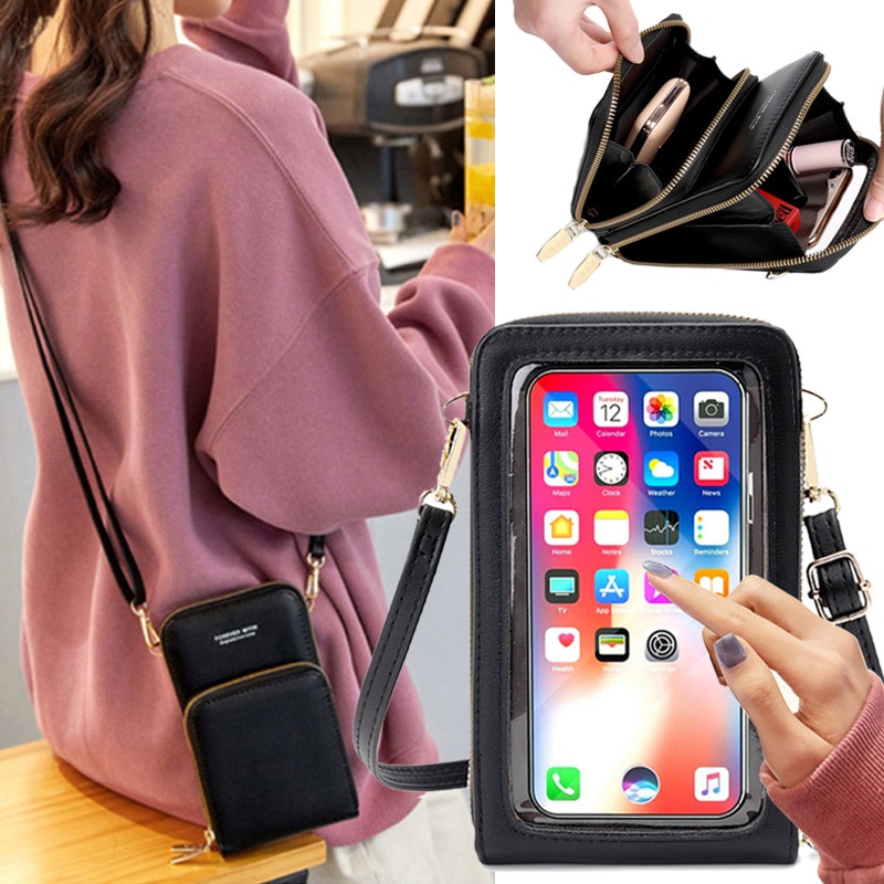 Transparante Tastbaar Telefoon Pocket Schoudertassen Voor Vrouwen Handtas Dames Kleine Crossbody Bag Pu Leer Vrouwelijke Messenger Purse