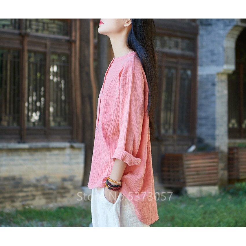 Camisa de lino de estilo chino para mujer, Blusa de algodón estilo Vintage Retro, traje Tang de Tai Chi con cuello redondo, transpirable, suave e informal