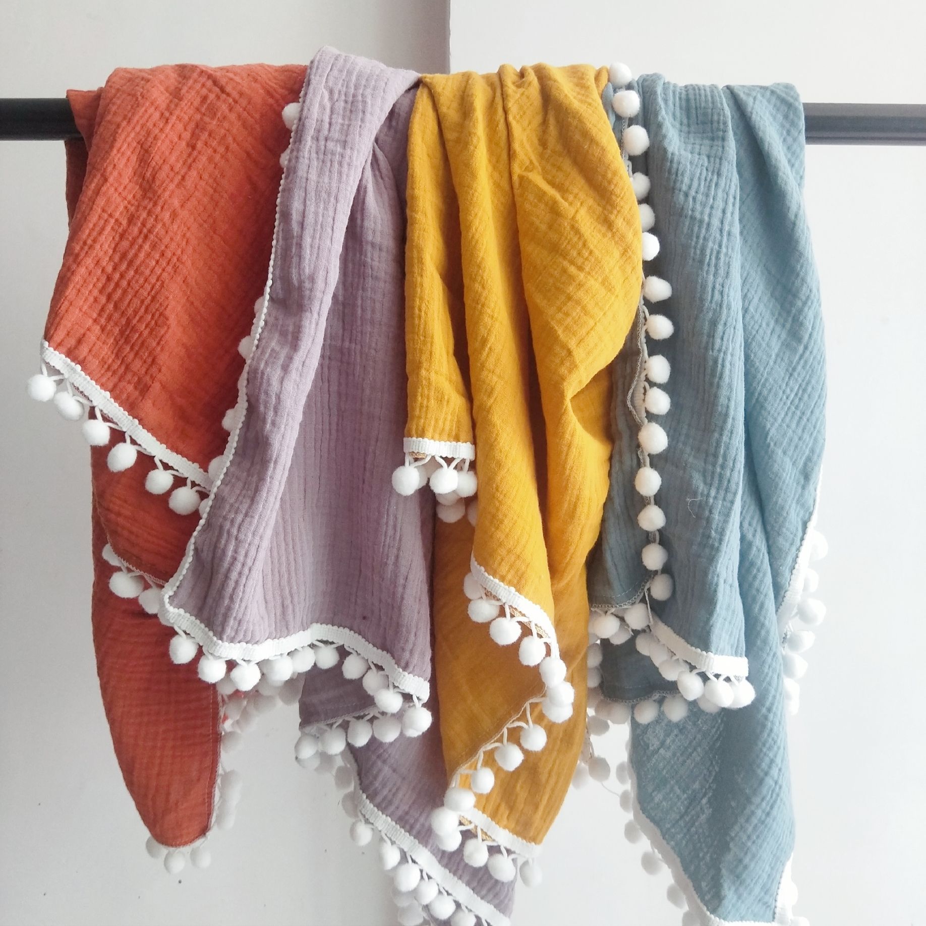 Mousseline Baby Inbakeren Deken Met Pom Poms Katoen Gaas Inbakeren Wrap Voor Baby &#39;S Pasgeborenen Ontvangen Dekens Baby Douche