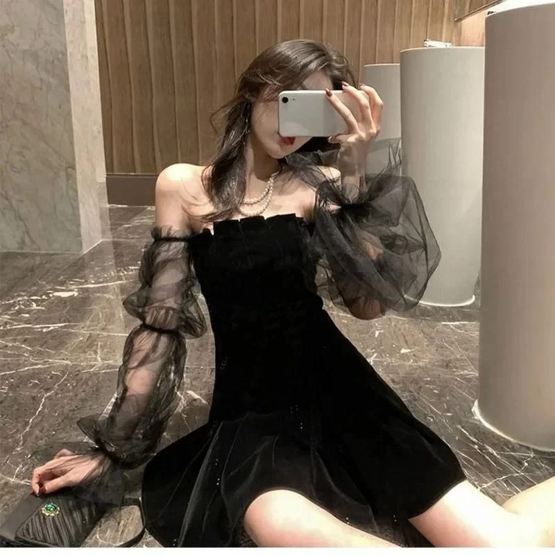 Black Retro Dress Women Lace Chiffon Mini Dress Female High Street Sexy Korean Women Club Dress