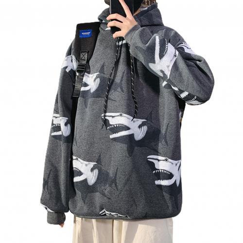 Hooded plus velvet printed Shark Hoodies Pullover men's spring autumn hip hop Streetwear Male's sweatshirt loose top coat: Grey / M