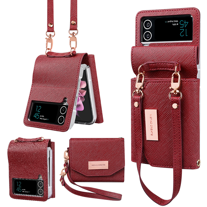 Vietao-Funda tipo billetera de cuero para Samsung Galaxy Z Flip 4, 3, Z4, Z3, funda para teléfono z flip 5 con correa de mano, funda z flip 6: ABS / Azul cielo