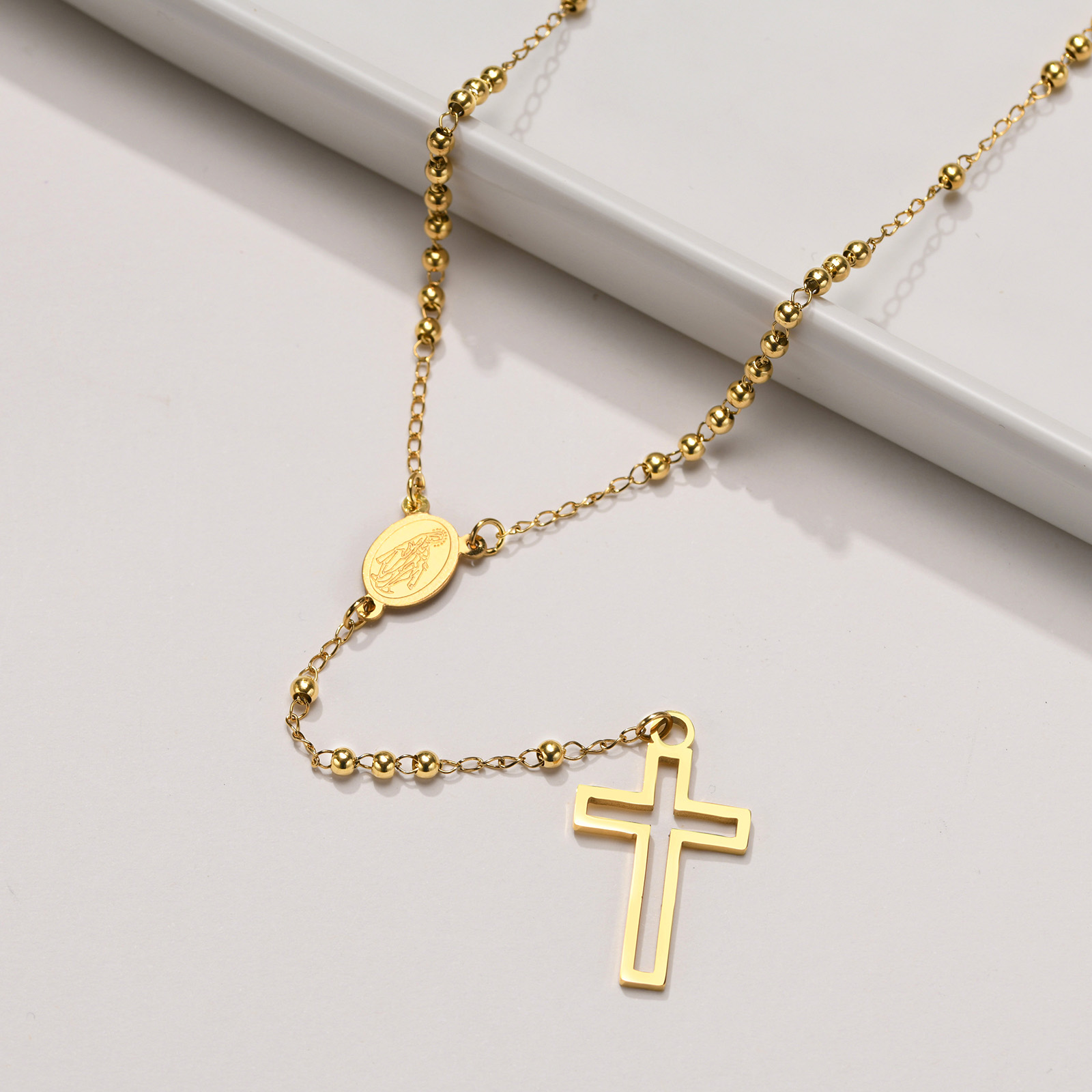 Zwarte Kralen Kruis Rozenkrans Kettingen Voor Mannen, Mannelijke Power Balance Hematiet Ketting, Religieuze Faith Gebed Sieraden: Antique Gold Plated