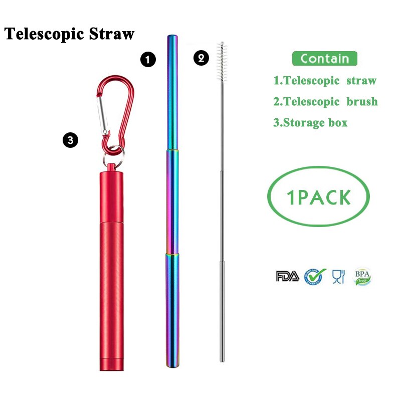 Telescopic Drinking Straw Collapsible Straw Foldable Reusable Metal Straw With Keychain Hole for Travel Outdoor Bar Accessories: set 9
