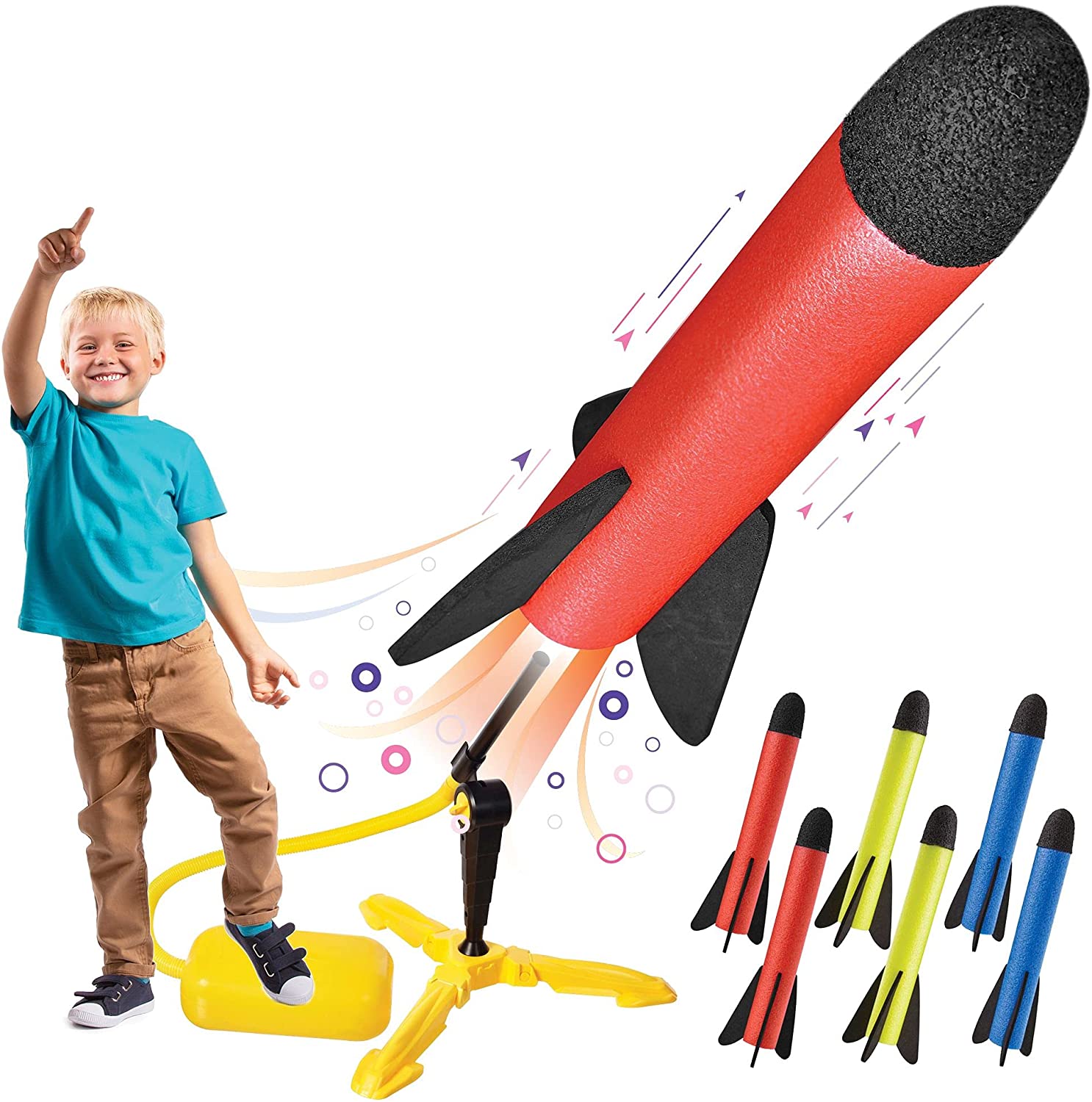 Lanceur de fusée jouet pour enfants, tirs jusqu&#39;à 100 pieds, fusées en mousse colorées et support de lanceur robuste avec tapis de lancement