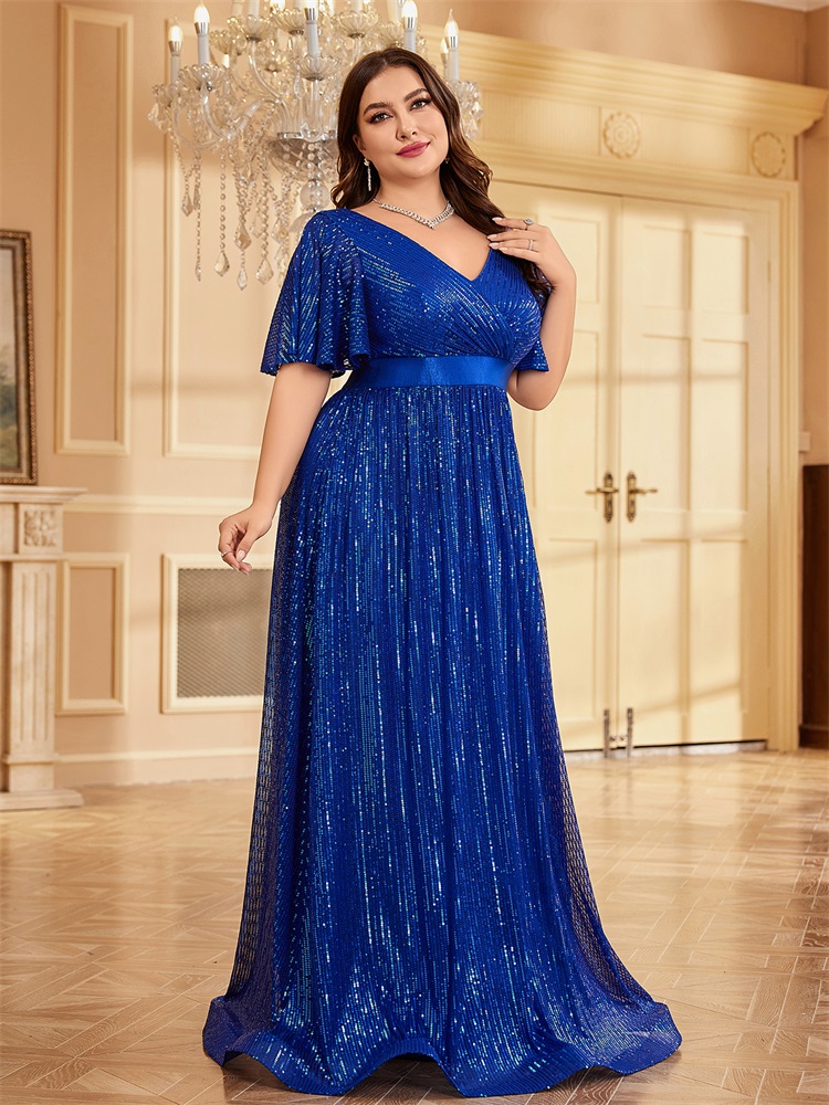 Lucyinlove Plus Size Luxe V-Hals Korte Mouwen Formele Avondjurk Vrouwen Pailletten Huwelijksfeest Prom Maxi Cocktail Jurk Jurk