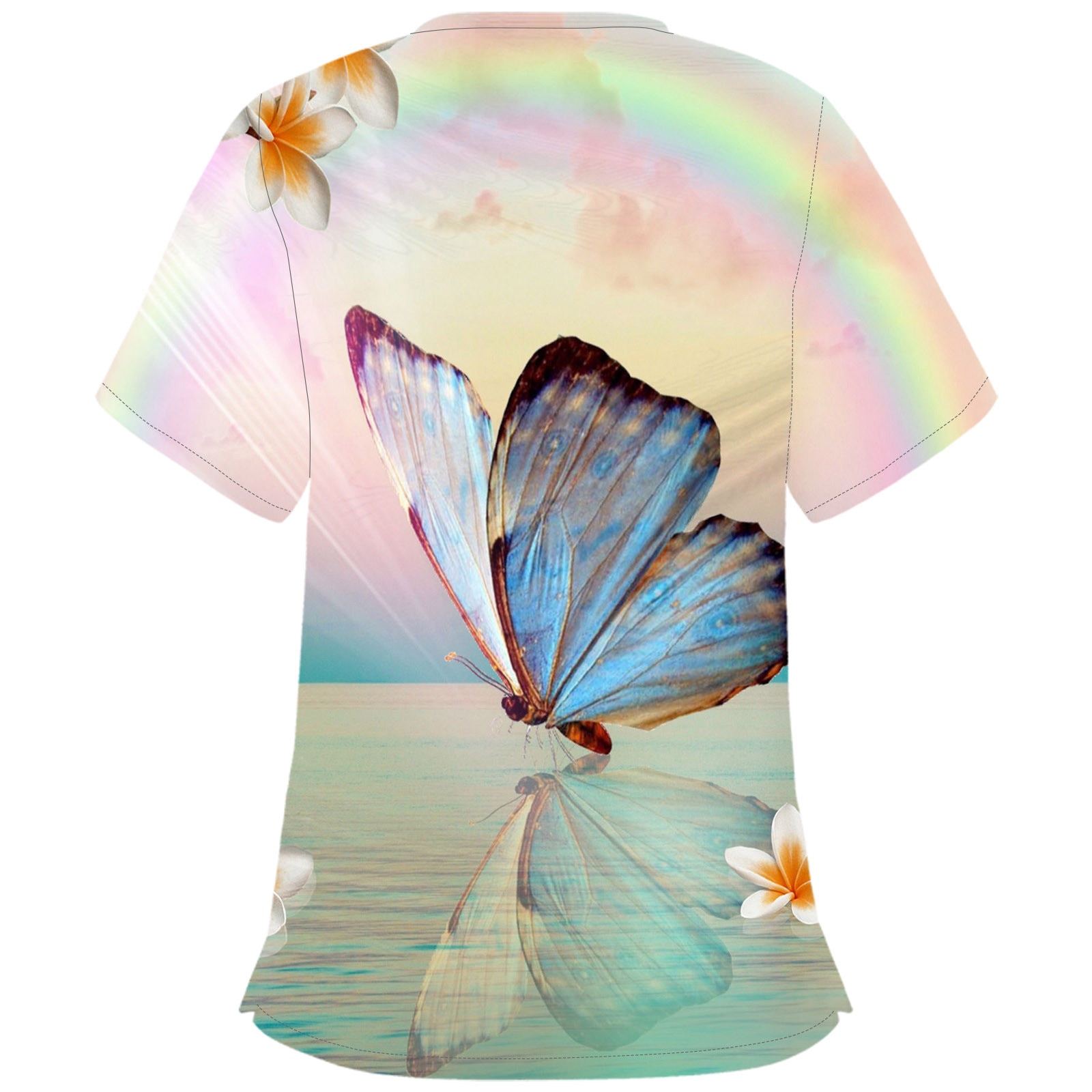 Plus Size Women's Uniforms Workwear Nurse Accessories Short Sleeve Butterfly Printed V-neck Double Pockets Nurse Tops