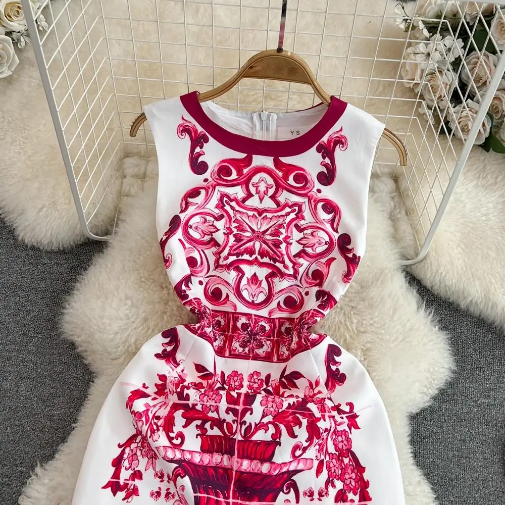 Robe en porcelaine bleue et blanche pour femme, col rond, imprimé de fleurs, mini robe, précieux, éducatif, rouge fibre, estivale, piste de