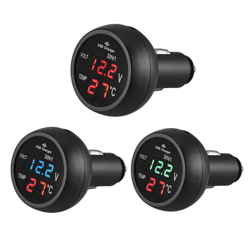 Universal 3 i 1 12/24v bil auto ledet digital voltmeter gauge termometer skærm display usb opladningsoplader til telefon tablet gps