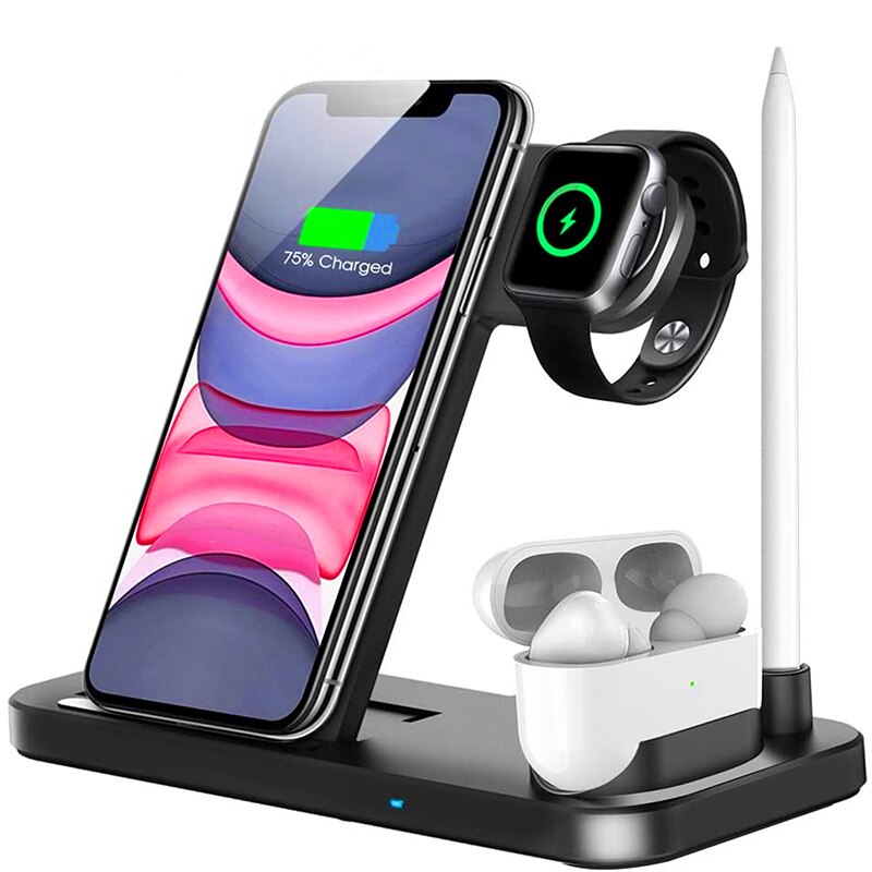 4 i 1 qi 15w rask trådløs lader til iphone 8 x xr  xs 11 samsung  s20 s10 ladestasjon til eple se 5 4 3 2 airpods pro: Typeb 10w svart