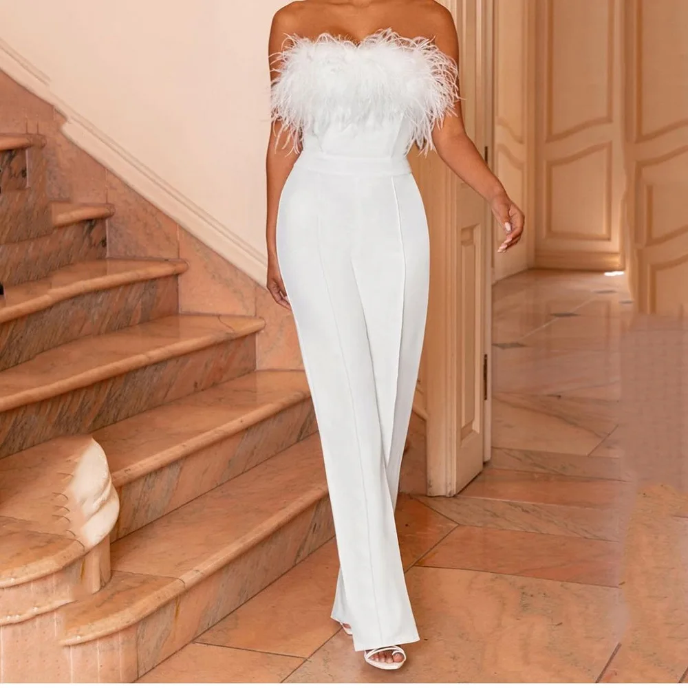 Lente/zomer strapless jumpsuits met veren, damesoveralls, sexy tube top, rugloze feest-/avondjumpsuits: S / Wit