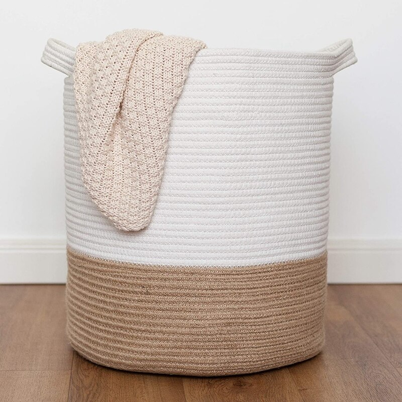 Bomulds rebkurv, vævet opbevaringskurv og tæppekurv , 41 x 45cm dekorativ kurv til legetøj, vasketøjskurv med håndtag
