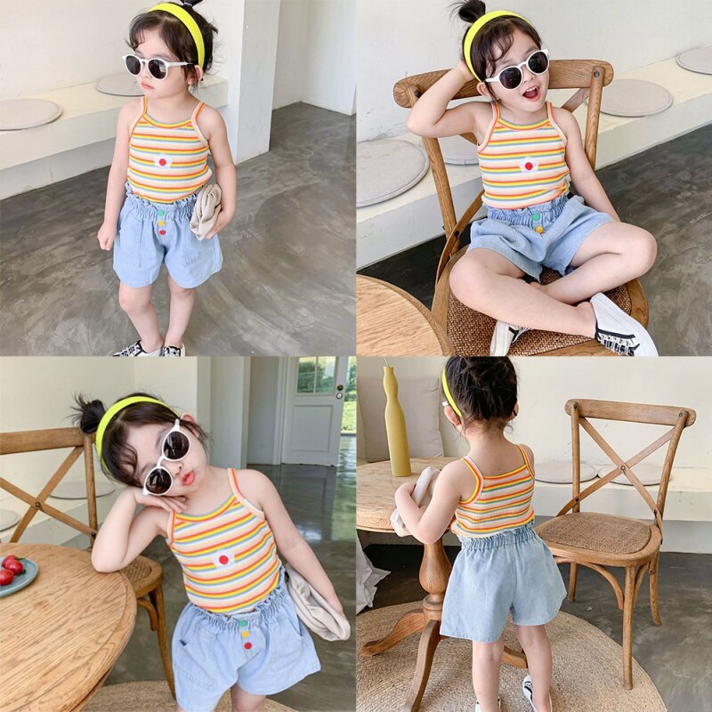 Bomull flickor t-shirt sommar regnbåge randig väst barn camisoles tecknade flickor toppar barn väst med änglavingar baby undershir