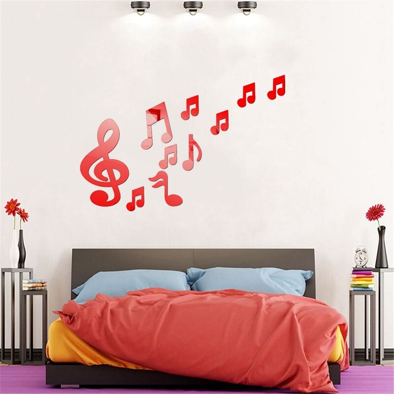 3D Musical Notes Acrylic Mirrors Wall Stickers Home Decor Living Room Decoration Wall Decoration Art DIY Sticker Decals: Red