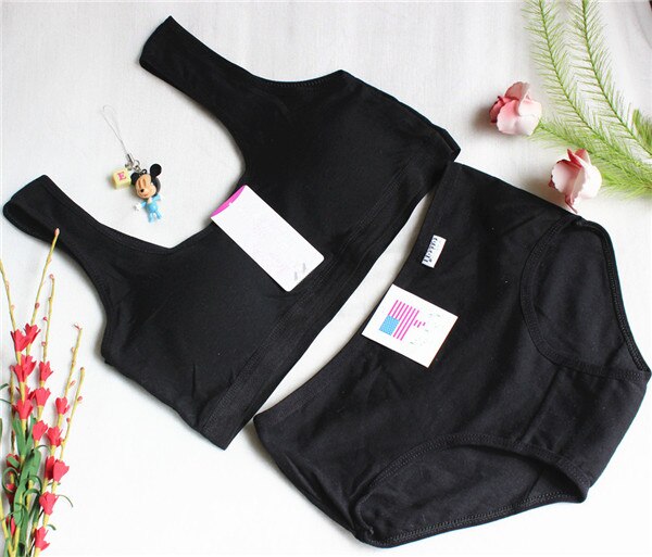 Kids Young Girl Students bra full of pure cotton thin underwear vest+Short Briefs Sets Girls Bra for Teens Children Bras Girl: black