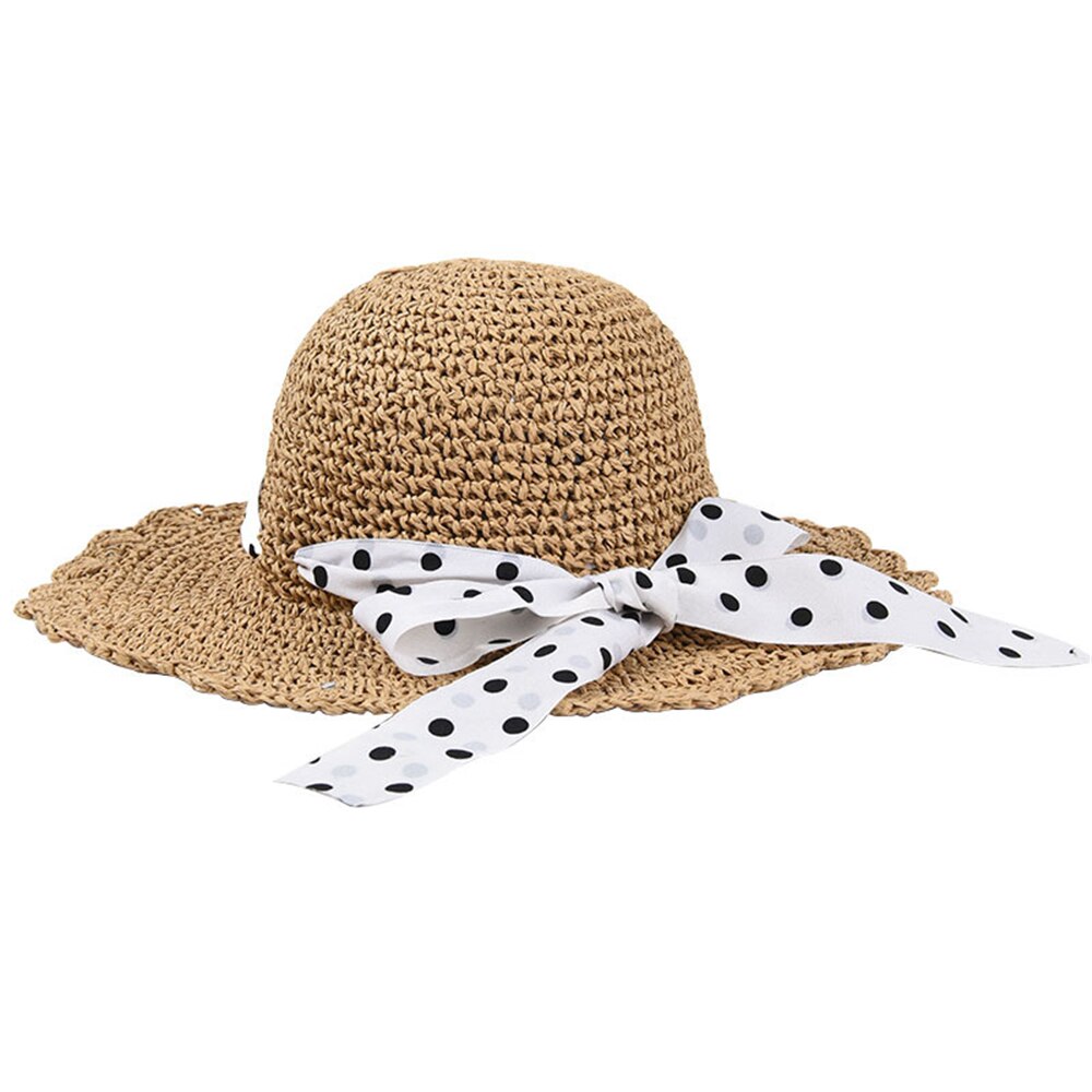 Hoaree zonnehoed voor dames zomer stro opvouwbaar brede rand stippen strik dames vintage mooi merk casual strandpet: Witte vlinderdas