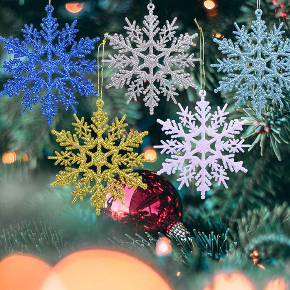 6Pcs 10Cm Sneeuwvlok Plastic Glitter Sneeuwvlokken Xmas Opknoping Hanger Kerstboomversiering Ornamenten Home Decor