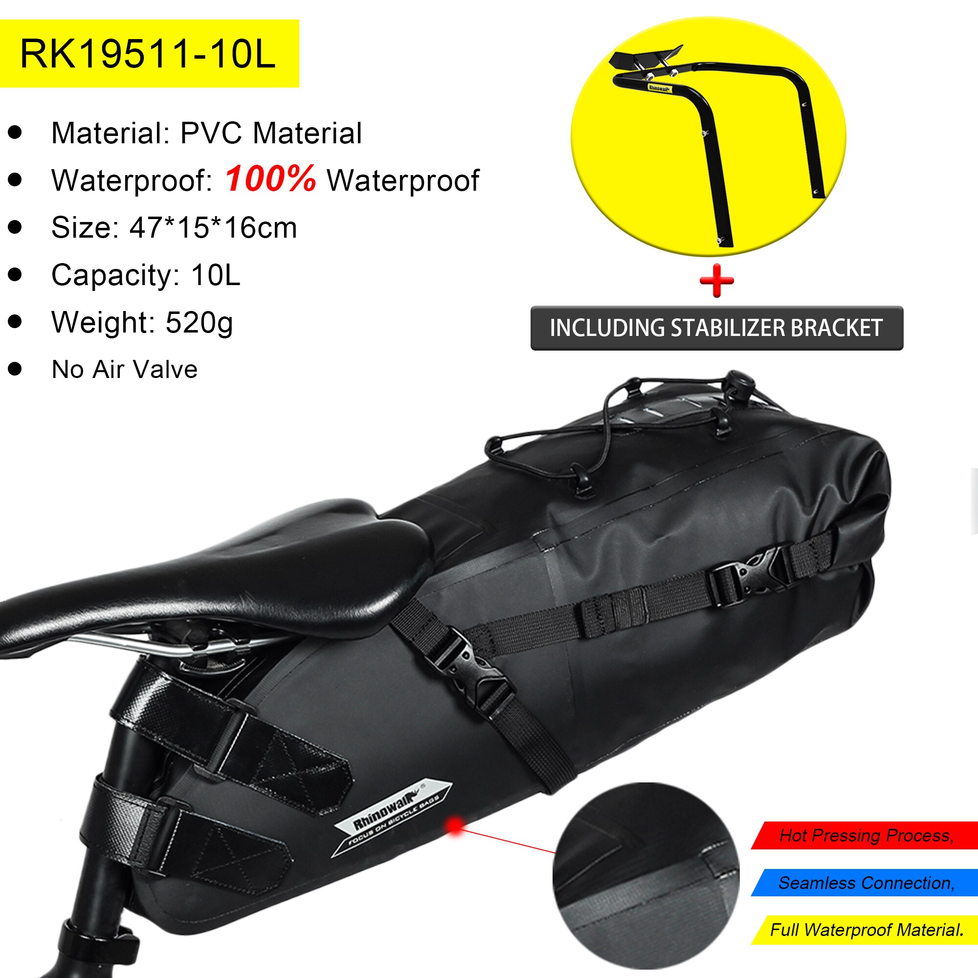 Rhinowalk sykkeltaske bagtail sete salveske brakett stativ 5l-13l bærbar brakett bagasjeholder sykkeltilbehør: 10l sett (med stativ)