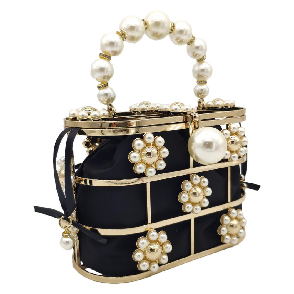 Boutique De FGG Pearl Top-Handle Black Bucket Women Flower Evening Bags Bridal Chain Shoulder Bag Wedding Purses and Handbags