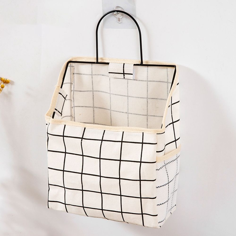 Panier de rangement en lin et coton, tissu imprimé à rayures simples, sac de rangement mural suspendu à la maison ou au bureau avec crochet: 1