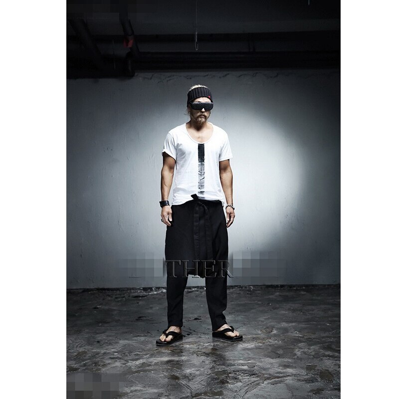 Juventude coreana hip hop masculina baixa virilha moda tendência rendas até calças casuais harem calças de linho calças soltas personalidade