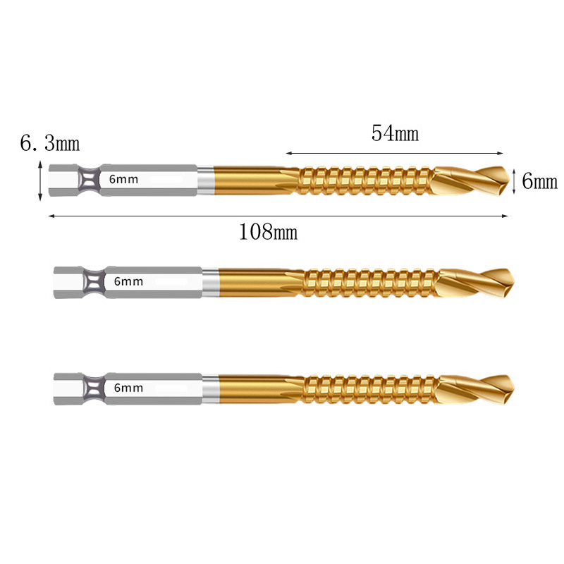 Brocas helicoidales de vástago hexagonal HSS, grifo de corte ranurado dentado, sierra en espiral, sierra perforadora de madera, Metal y plástico, taladro de titanio, 3/6 Uds.: Plata