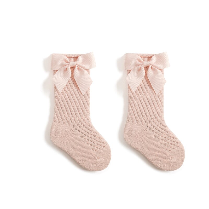 Verão crianças meias floral grande arco crianças meninas joelho alta meia longa algodão macio oco para fora meias do bebê malha menina princesa socken: 2 / 3-5years