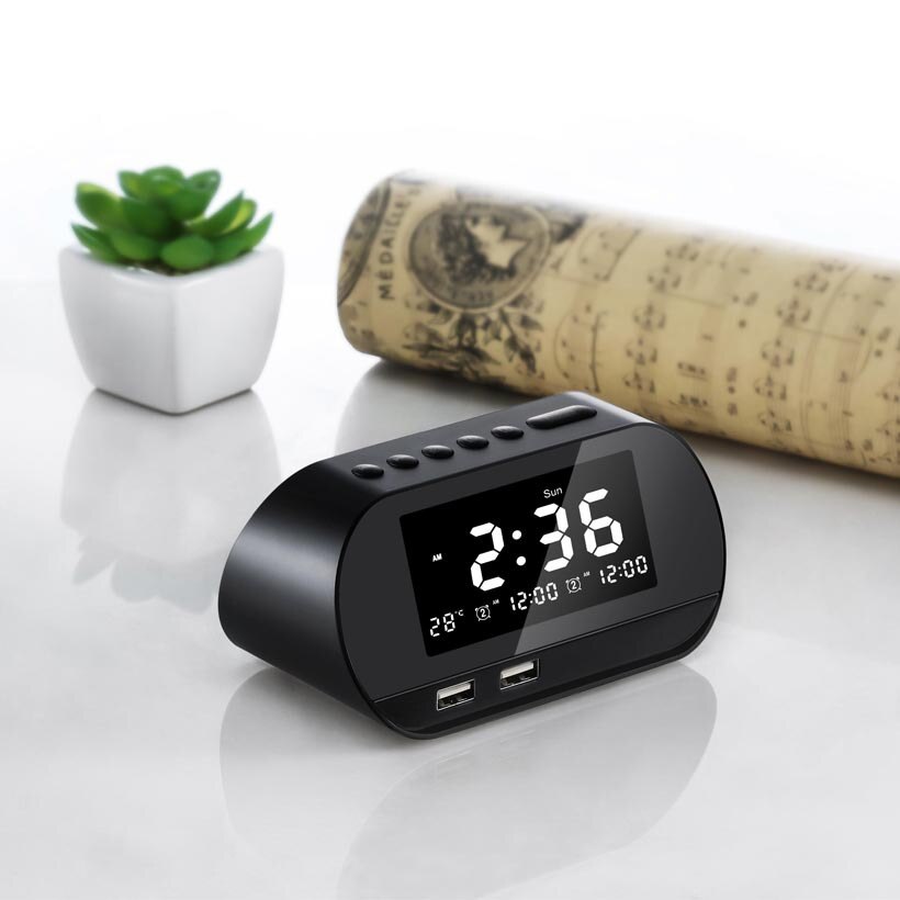 T2 Dual USB Charging Alarm Clock White Smart Wireless Radio LCD Calendar Temperature Display for Bedroom Desktop