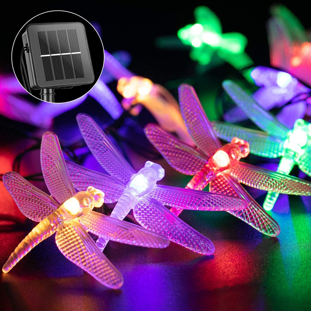 Zonne-libellen lichtsnoer met led-kleurige buitenlantaarns, energiebesparende decoraties voor feestjes, halloween en kerstmis.