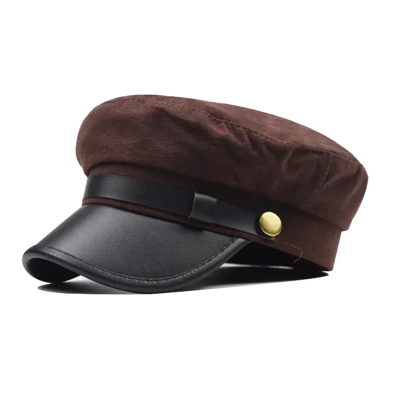 Chapeau en cuir PU automne chapeaux de marin pour hommes femmes Style britannique chapeau de voyage étudiant chapeau capitaine chapeau plat casquettes femmes chapeau: GRIS