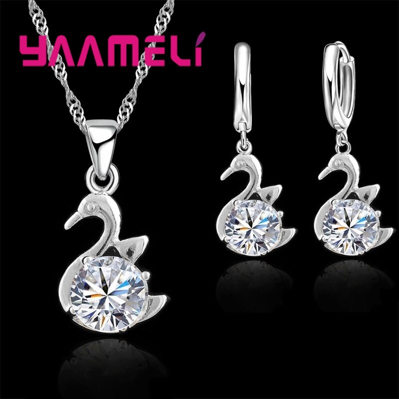 Fijne 925 Sterling Zilveren Sieraden Sets Accessoire Vrouwen Oostenrijkse Kristallen Zwaan Vormige Ketting Earring Sets