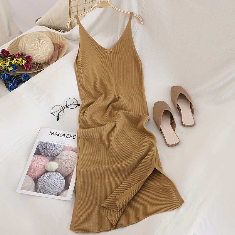 Robe élégante en tricot pour femme, tenue de soirée, couleur unie, col en v, fendue, sans manches, à la: khaki