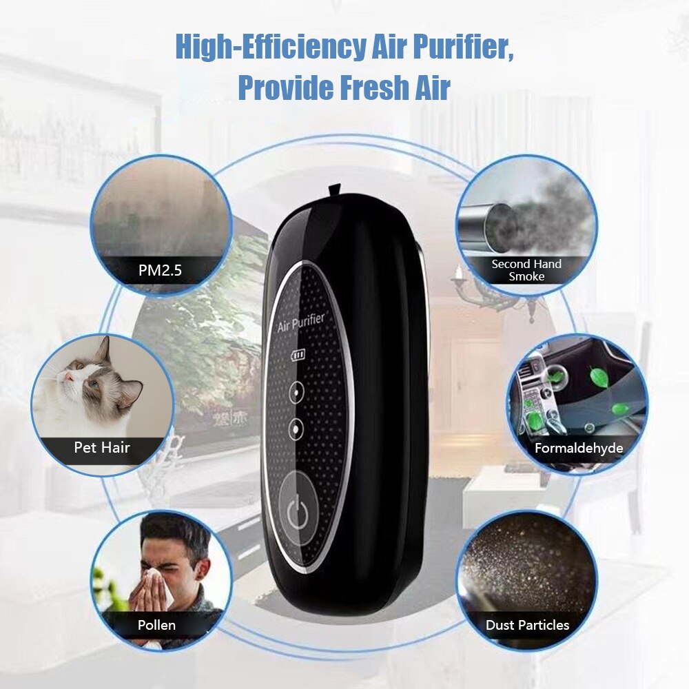 Portable Home Air Purifier Wearable Air Cleaner Remove Formaldehyde PM2.5 Pet Hair Rechargable Quiet Air Freshener